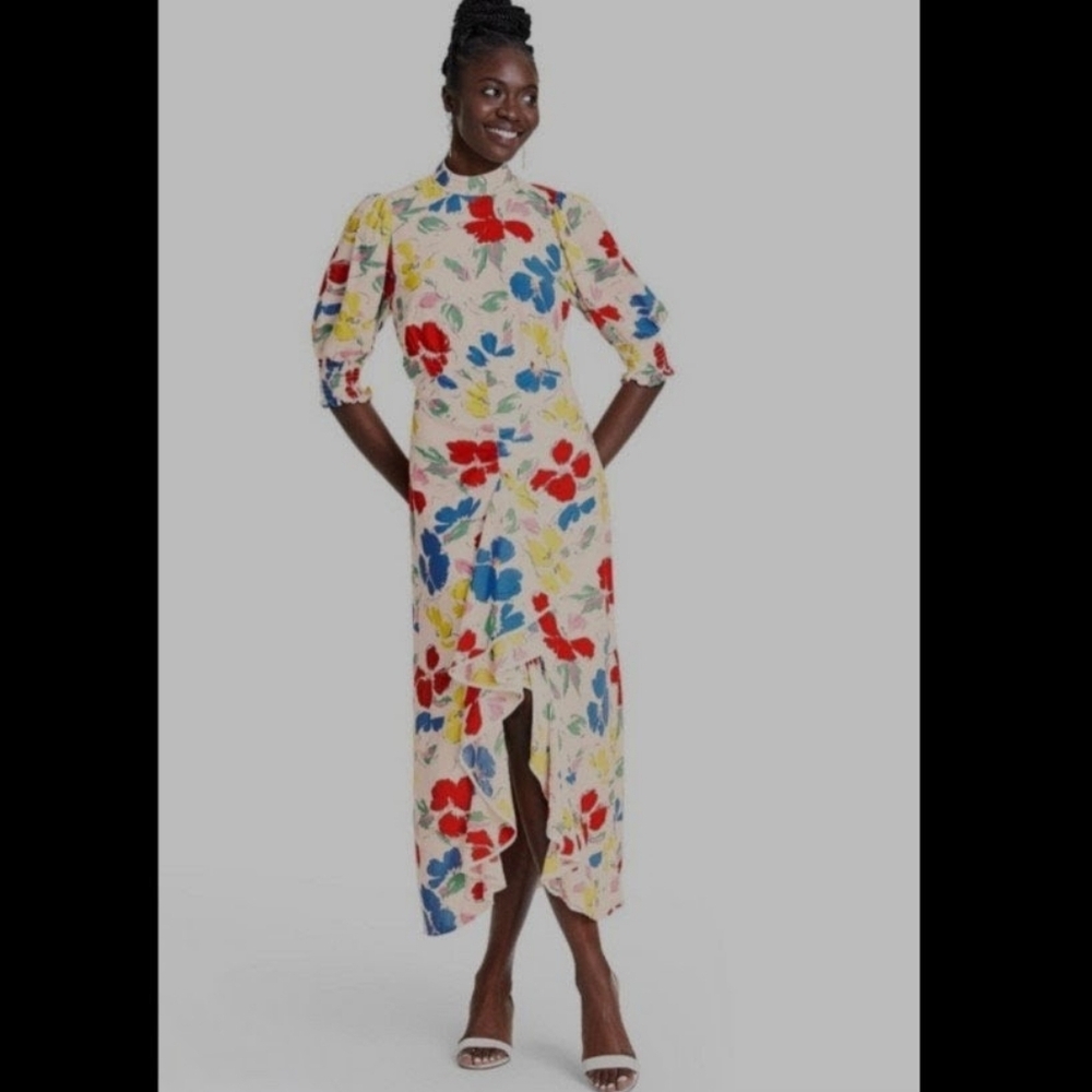 RIXO x Target Mock Neck Cascade Floral Ruffle Midi Dress Retro Modest Sz 2 - Picture 1 of 6